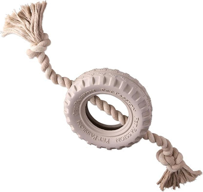 Pet Passion Natural Rubber Tire and Organic Cotton Rope Pull and Chew Dog Toy for All Pet Breeds, Almond Milk, Small