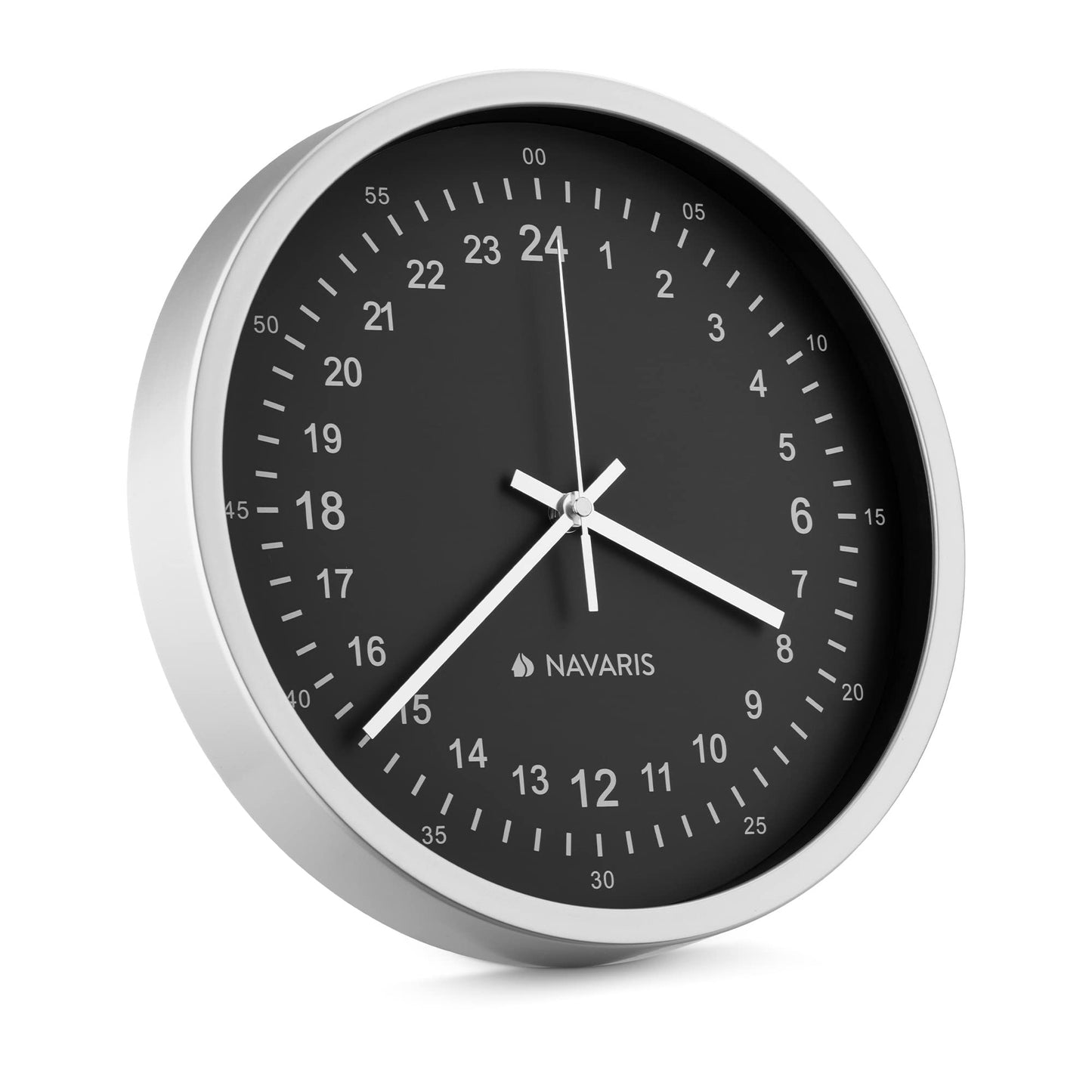 Navaris 24 Hour Wall Clock - 11.8" Analog Military Time Clock with Silent Movement Non-Ticking Hands - Battery Operated - Silver Frame with Black Face