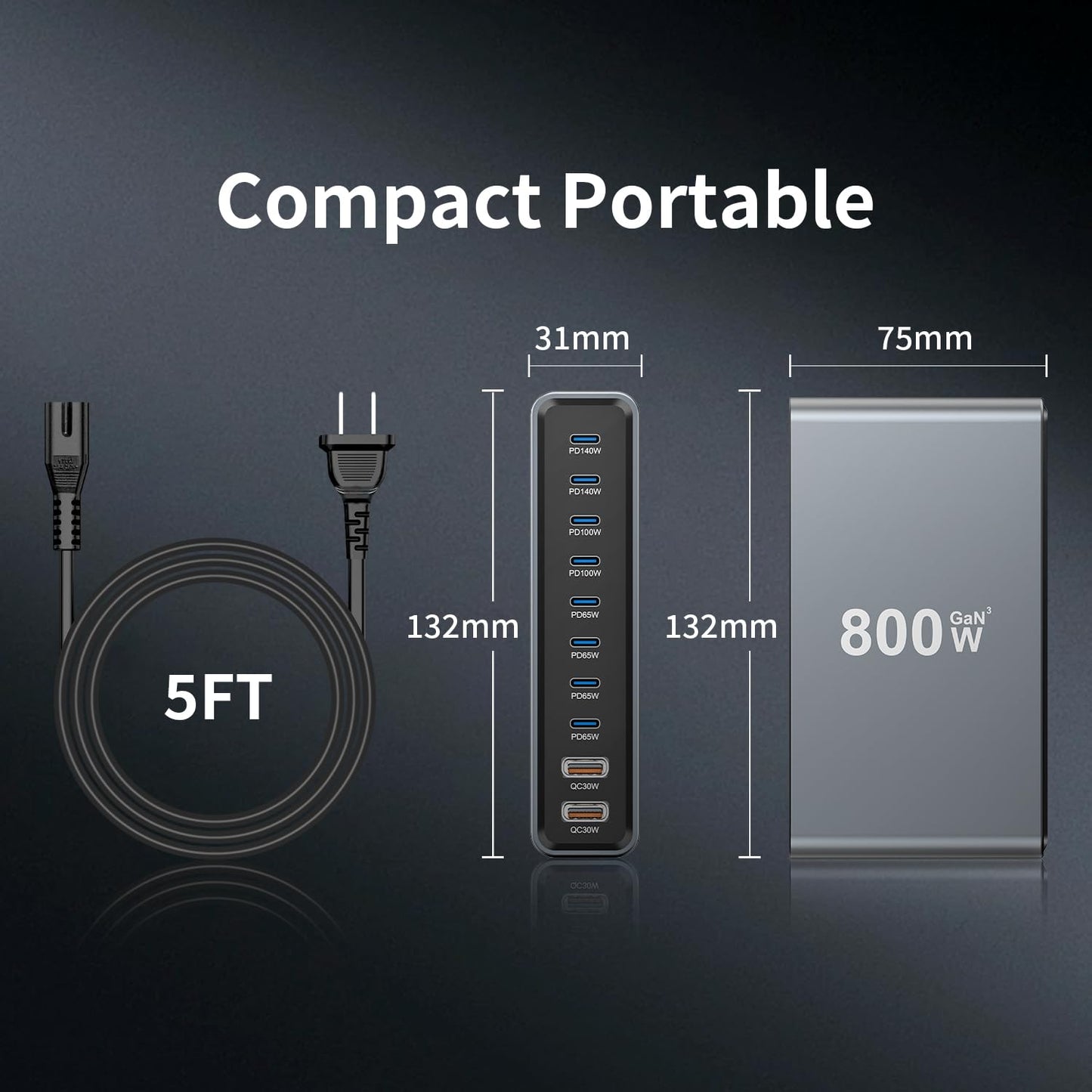 800W GaN3 10-Port USB-C Charging Station - Fast Charger for Laptops, Tablets, Smartphones, and More (Black)