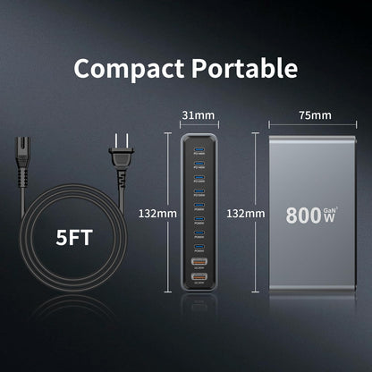 800W GaN3 10-Port USB-C Charging Station - Fast Charger for Laptops, Tablets, Smartphones, and More (Black)