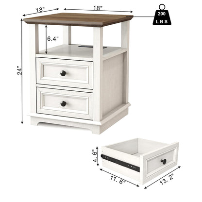 REDAYFUR End Table with Fast USB C Charging Station, 18" Wide Tall Sofa Side Table with 2 Drawers, Large Storage Rustic Wood Square Storage Cabinet for Living Room,Bedroom,Office, White