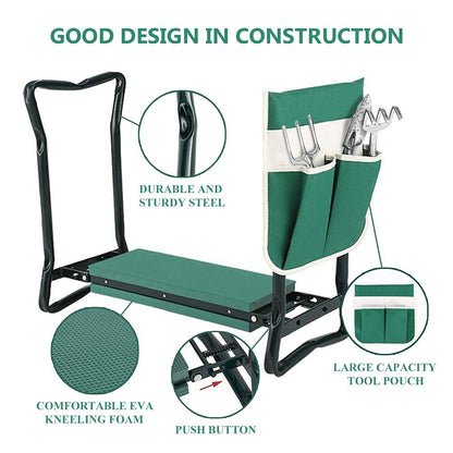 Garden Kneeler and Seat Stool Heavy Duty Garden Folding Bench with Large Tool Pocket and Soft EVA Kneeling Pad for Gardening Lovers