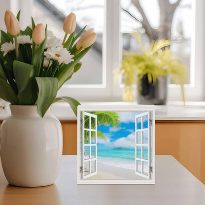 Blue Sky Beach Wood Box Sign Desk Decor, Coconut Trees Island Windows View Decorative Wooden Block Box Sign Decorations for Home Office Shelf Table Decor 6x6 Inches