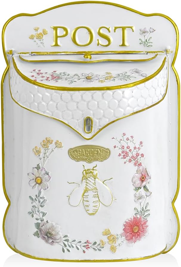 Wall Mount Mailbox for Outside Vintage Mail Boxes for House Outside Metal Door Mailbox Drop Box Antique Style Nostalgic Charm Home Decorative, Bee Pattern, White