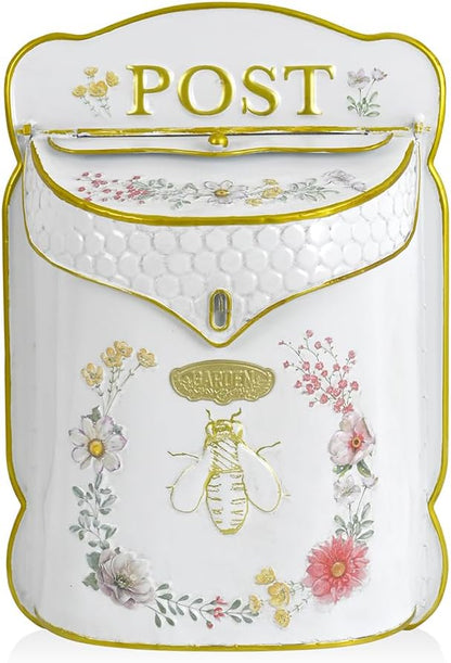 Wall Mount Mailbox for Outside Vintage Mail Boxes for House Outside Metal Door Mailbox Drop Box Antique Style Nostalgic Charm Home Decorative, Bee Pattern, White