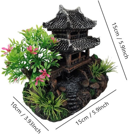 Aquarium Decoration Chinese Ancient Tower, Resin Small Fish Tank Hideout Hut Accessories, Artificial Landscape Decor Hideaway House with Tree Moss, Hollow Hideout Castle Ornament (Building)