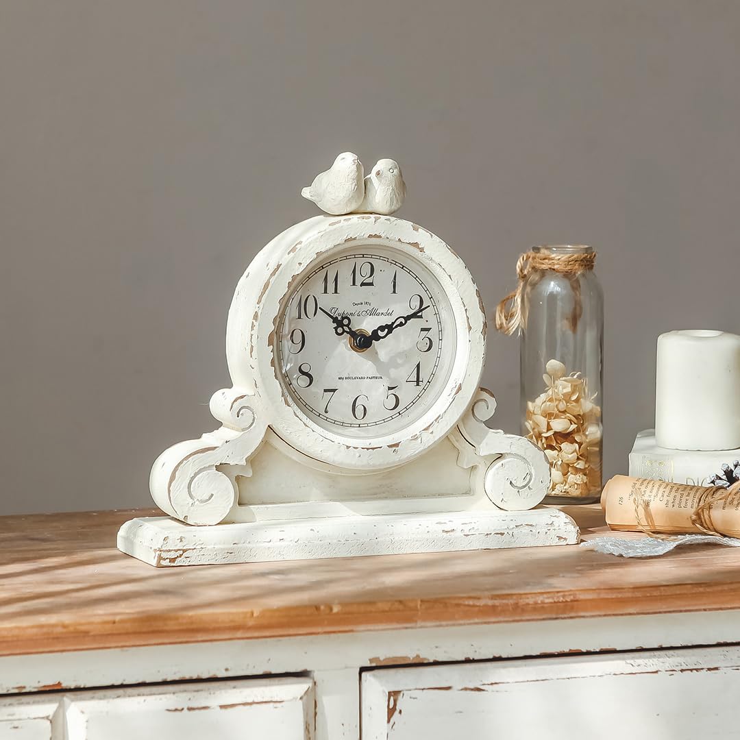 NIKKY HOME Vintage Bird Mantel Clock, Shabby Chic Wooden Table Clock