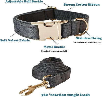 Love Dream Velvet Dog Collar and Leash Set, Soft & Comfy Adjustable Dog Leash and Collar with Heavy Duty Metal Buckle for Small Medium Large Dogs Training & Walking (Small, Dark Grey)