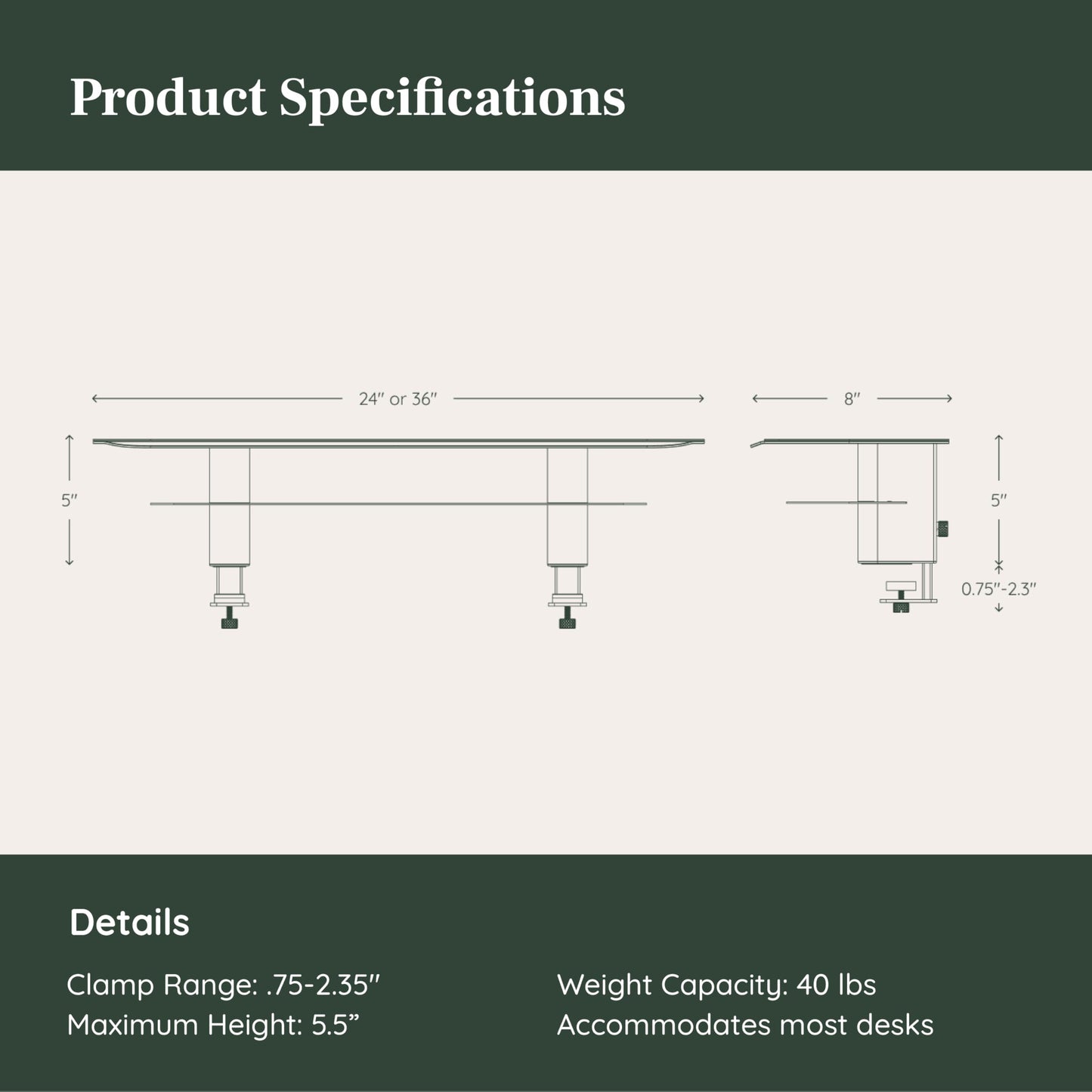 Branch Monitor Stand - Elegant, Durable Powder-Coated Steel Stand with Soft Felt Liner - Small Monitor Riser Second Tier Storage - Installs with a Universal Clamp for Ergonomic Workspace - White