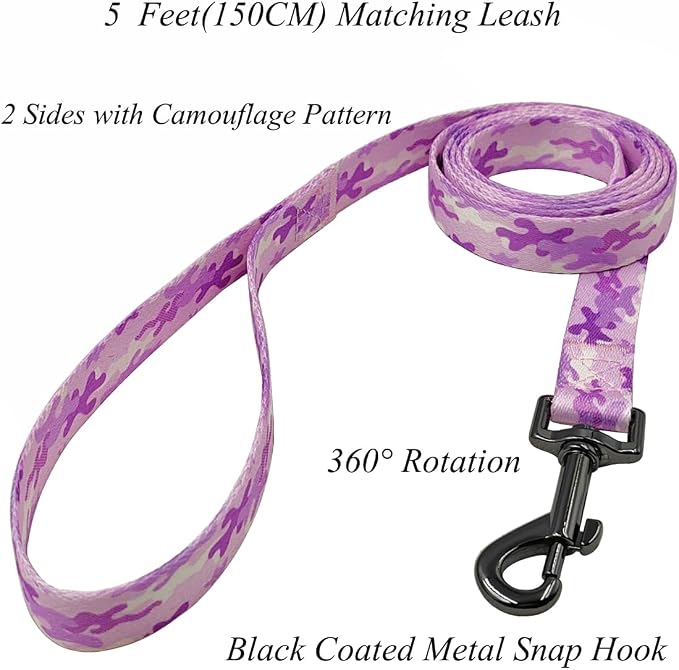 Dog Collar Leash Set, Camouflage Pattern, Polyester Material, Adjustable Collar and 5ft Matching Leash, for Medium Dogs.(M, Purple Camo)