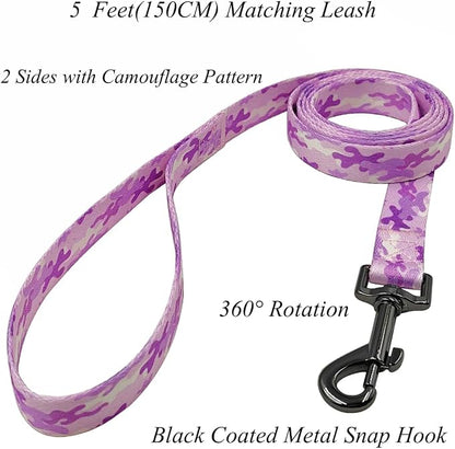Dog Collar Leash Set, Camouflage Pattern, Polyester Material, Adjustable Collar and 5ft Matching Leash, for Small Dogs.(S, Purple Camo)