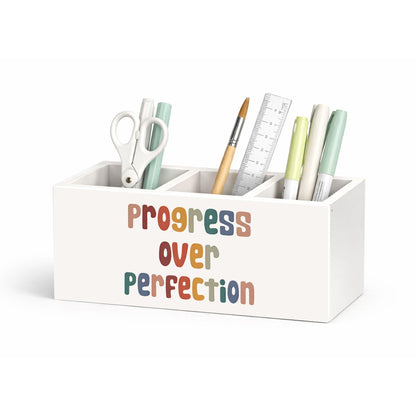 GGED Progress Over Perfection Pen Holder, Motivational Desk Organizer, 3 Compartments Wooden Pencil Caddy for Office, Home, Classroom