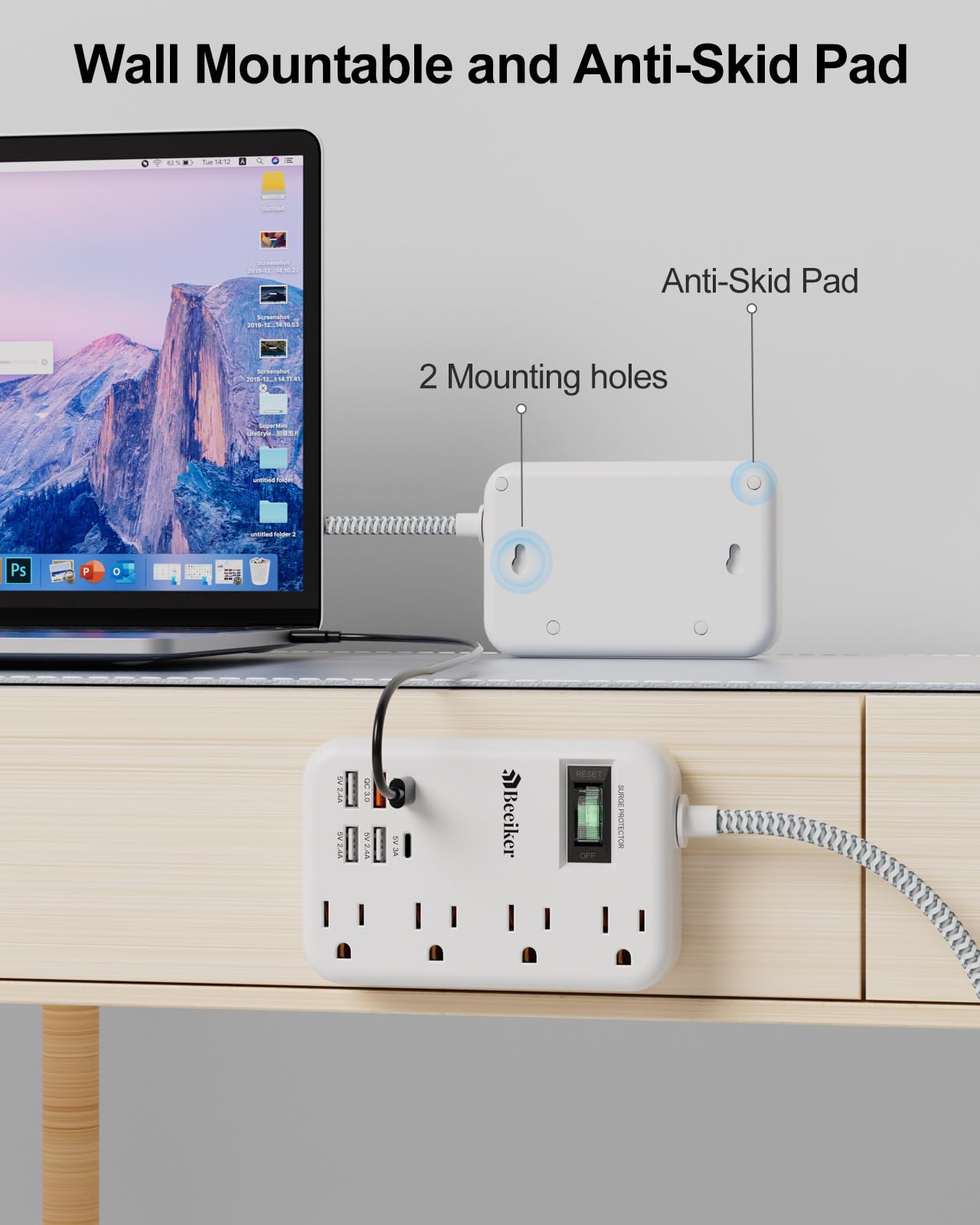 6 USB(2 USB C) Purple Travel Power Strip- 5Ft Lavender Extension Cord with 24W USB Charging Station and 4 Outlets, Purple Desk Accessories with Surge Protector for Cute Kawaii Office Dorm Room