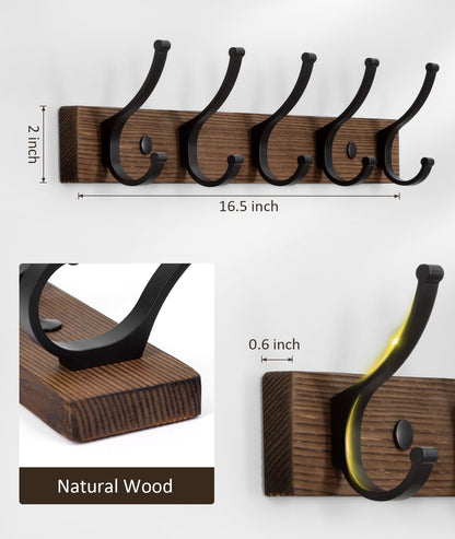 Optish Coat Rack Wall Mount, 16.5 Inches Wood Coat Hooks Wall Mount, Wall Coat Rack with 5 Hooks, Hat Rack Wall Hooks for Hanging Coat, Bag, Towel (2Pack, Brown)