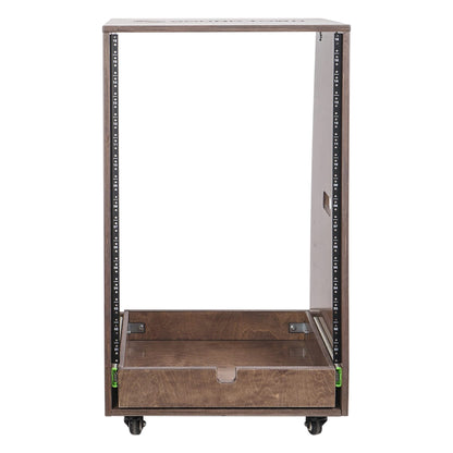 Sound Town 16U DIY Solid Baltic Birch Plywood Slanted Studio Rack with 16U Rack Space, Extra 2U Drawer, Rubber Feet, Casters, Weathered Brown (SDRK-16TBD2)