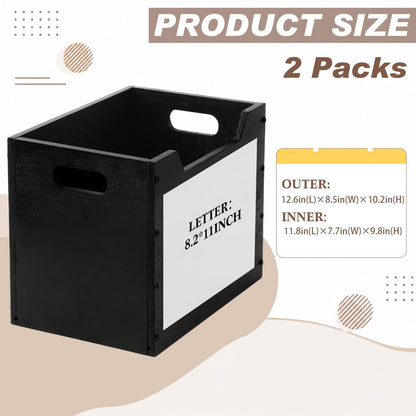 Gerrii 2 Pack Wood File Organizer Box, 12.6 x 8.5 x 10.2 Inch Black Desktop Document Storage Crate with Handle Slot, Assembling Magazine File Holder Bins for Countertop Home Office