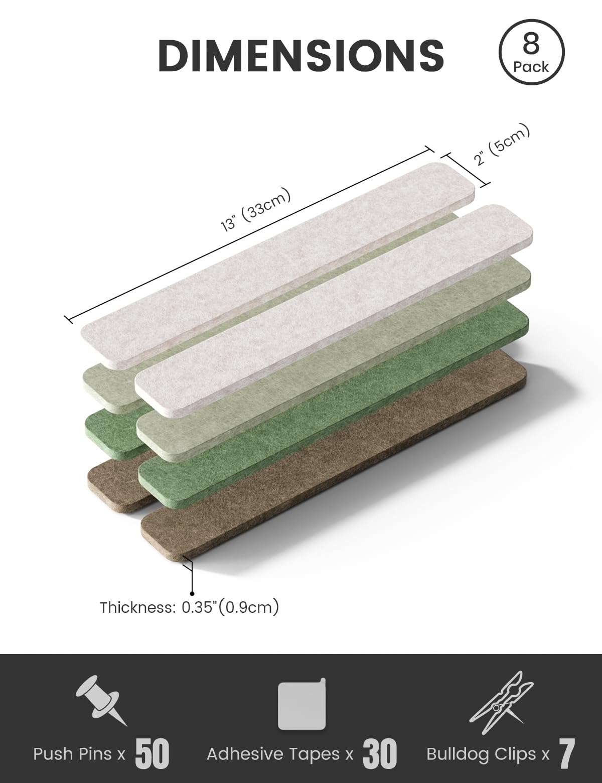 Fluxynara Cork Board Alternative Felt Strip Board 8-Pack 13"x2", Office Pin Board with 50 Push Pins, Adhesive Install for Bedroom Door & Home Office (Moss Haven）