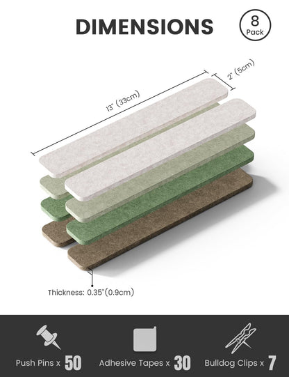 Fluxynara Cork Board Alternative Felt Strip Board 8-Pack 13"x2", Office Pin Board with 50 Push Pins, Adhesive Install for Bedroom Door & Home Office (Moss Haven）