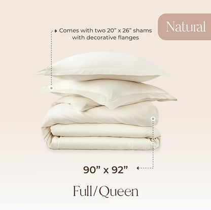 100% Organic Cotton Duvet Cover Queen Size - Naturally Soft Lightweight & Cooling Duvet Cover Set with Decorative Shams - Premium GOTS Certified 300 Thread Count Sateen Weave (Natural, Queen)
