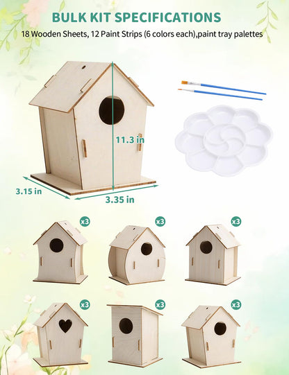 Zebrabox 18 Pack DIY Bird House Kits - 6 Styles Unfinished Wooden Birdhouse Craft Project for Class Party, Family Activity & Gift Arts and Crafts