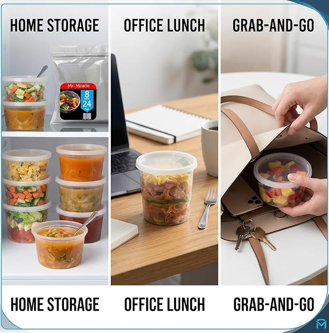 Mr Miracle 8OZ Deli Containers with Lids - 24 Pack of 8 oz Clear Airtight Reusable Plastic Food and Multi-Purpose Deli Containers - Microwave, Freezer, and Dishwasher Safe
