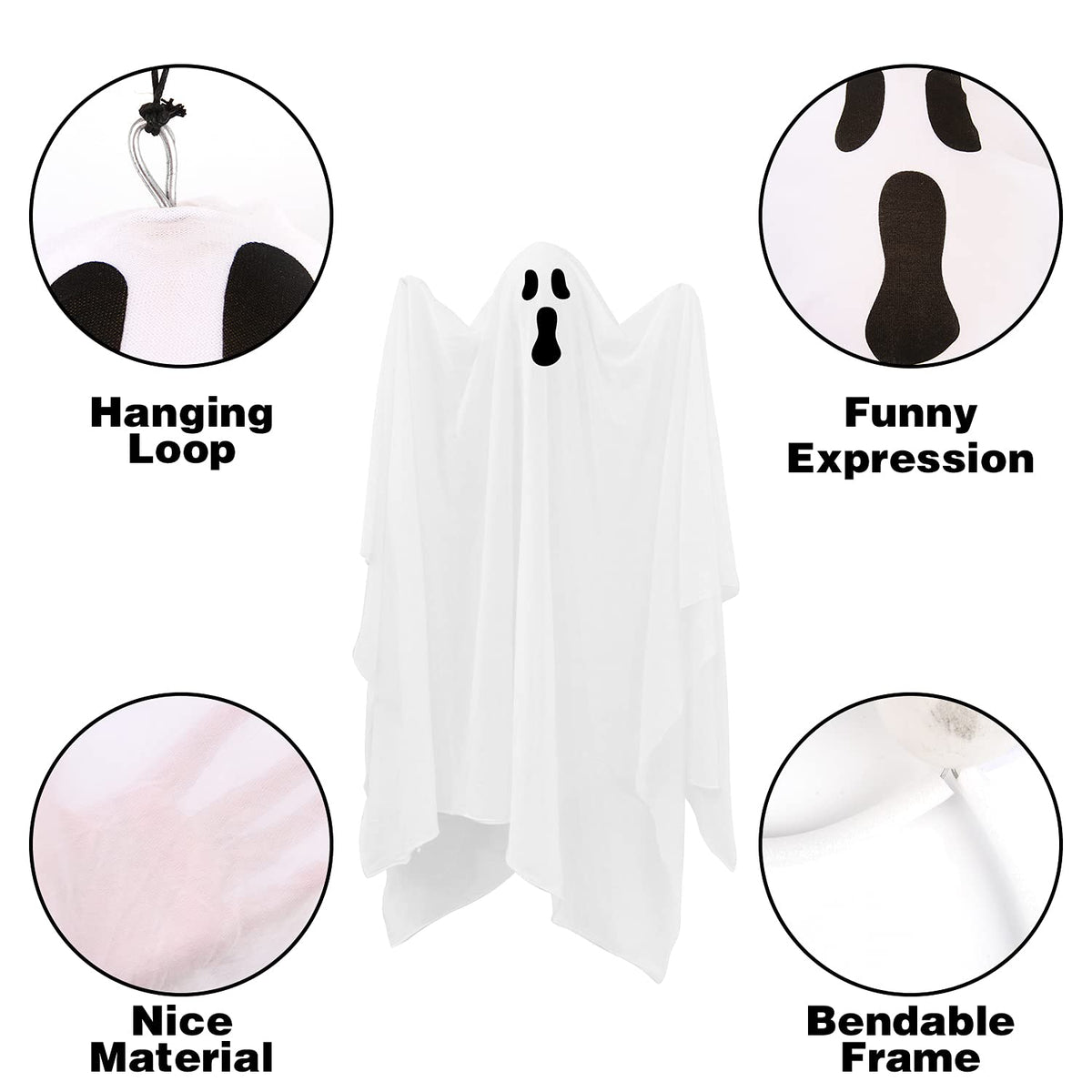 CCINEE 4 Pack Halloween Hanging Ghosts Decorations, 27.5“ and 35.5” Flying Outdoor Ghosts Assorted for Halloween Front Yard Patio Lawn Garden Party Supply