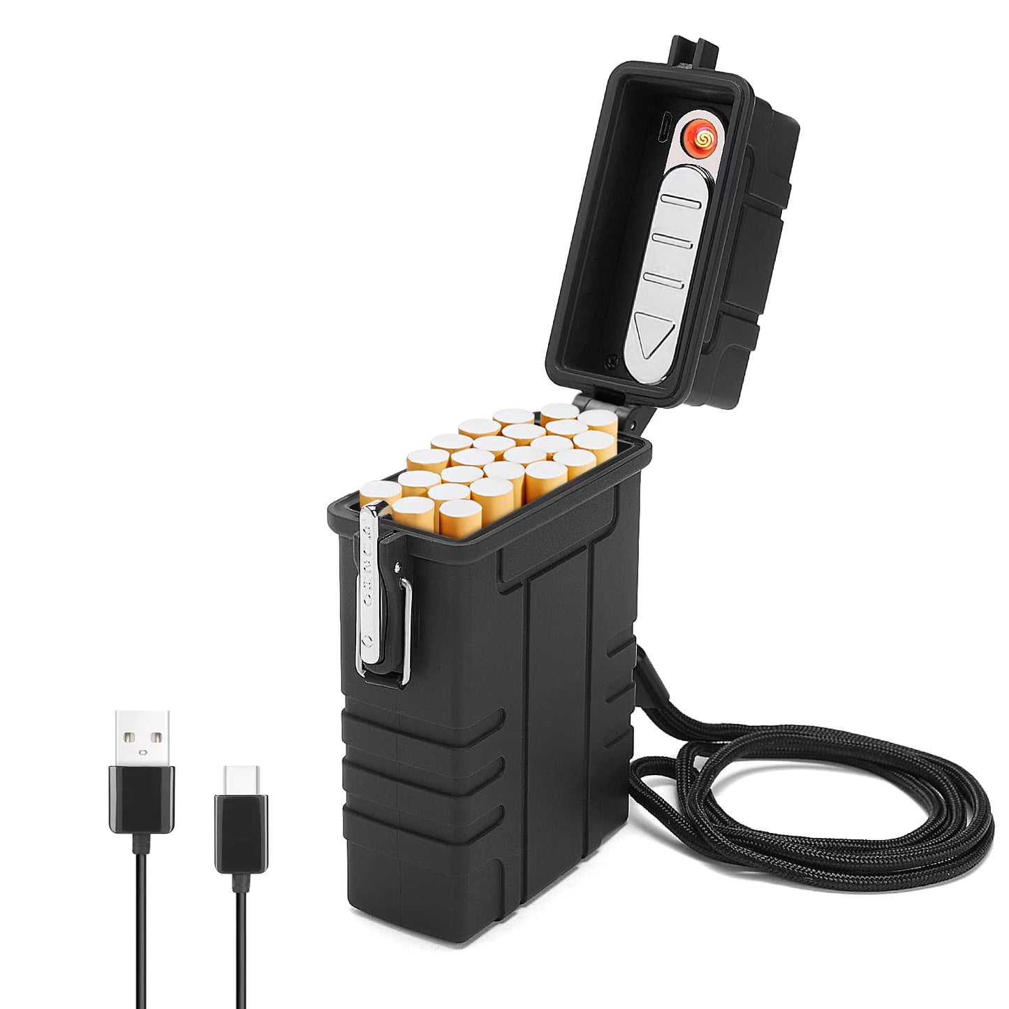 SOMGEM Cigarette Case with USB Rechargeable Electric Lighter for Whole Package Cigarettes 20pcs, Waterproof Cigarette Holder for Outdoor Camping Hiking