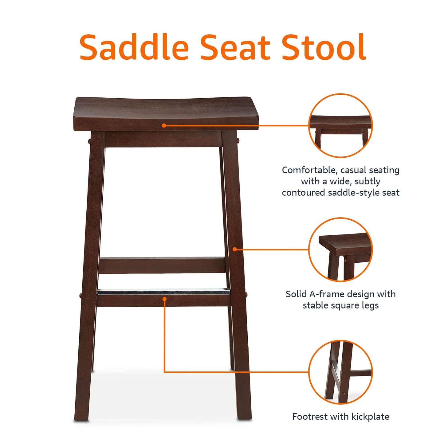 Amazon Basics Solid Wood Saddle-Seat Counter Height Bar Stools for Kitchen Island and Home Bar with Footrest, 29-Inch Height, Walnut, Set of 2