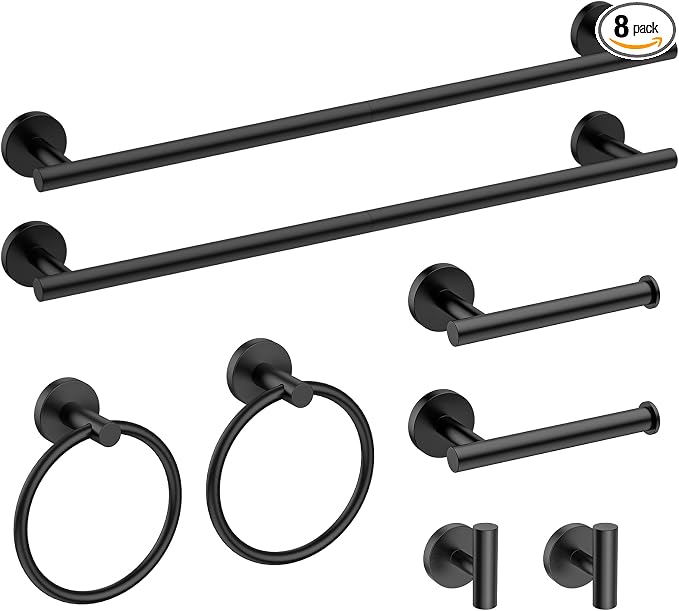 USHOWER Matte Black Bathroom Hardware Set, Modern 24-Inch Towel Bar Set Wall Mounted, Durable SUS304 Stainless Steel Bathroom Accessories Set, 8-Piece