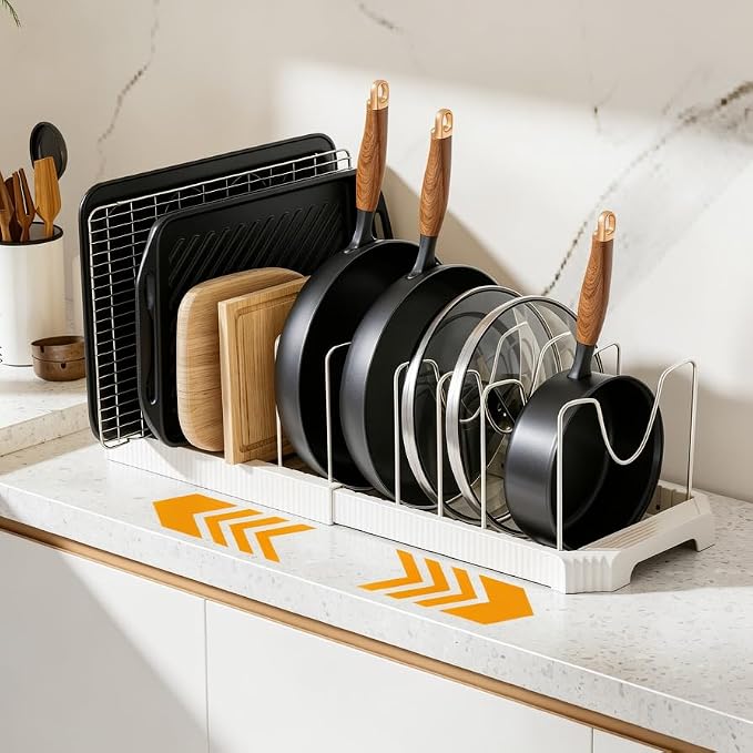 MUDEELA Pots and Pans Organizer under Cabinet, Expandable Rack with Pot Lid Holder and 10 Adjustable Dividers, Pan Organizers inside Cabinet for Kitchen Organization, Cutting Boards, Baking Sheets