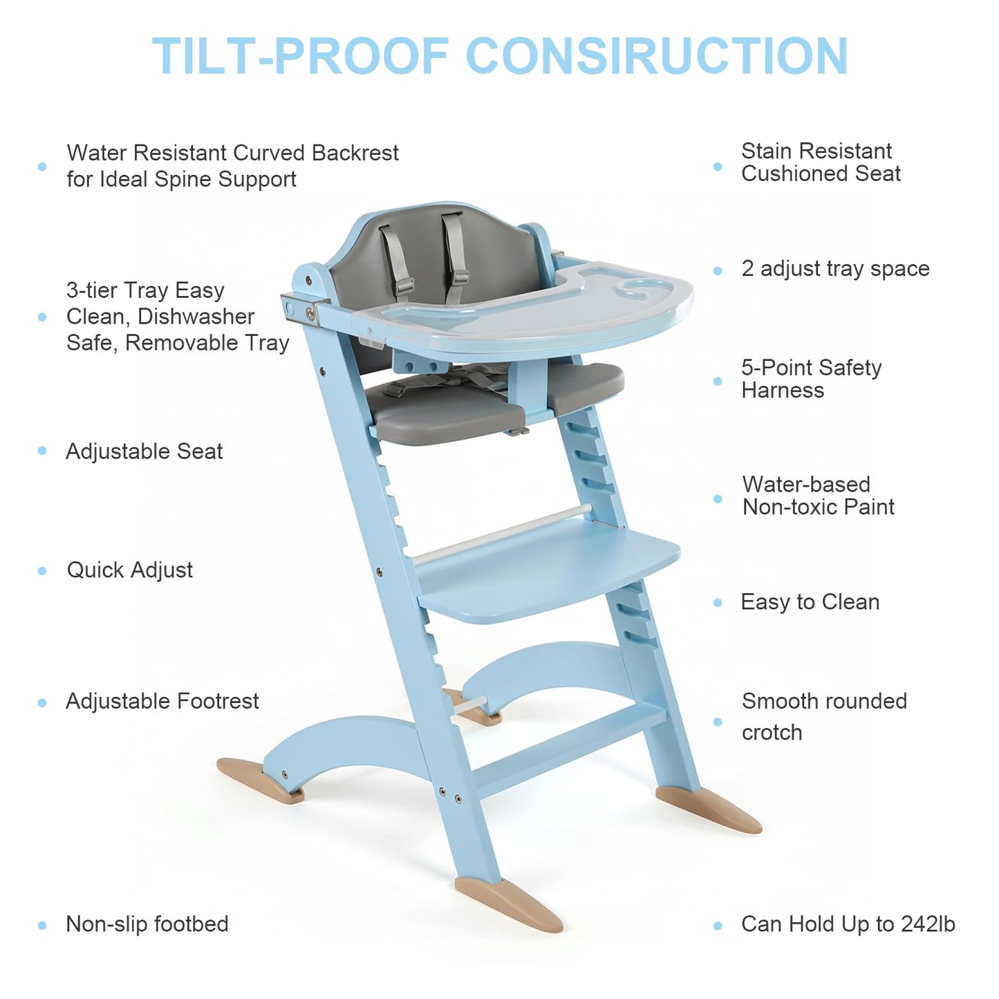 Cowiewie New Upgrade 3-in-1 Convertible Wooden High Chair for Babies & Toddlers 10 Levels Adjustable 3-Tier Remove 2 Waterproof Cozy Cushions Blue