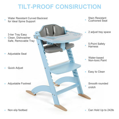 Cowiewie New Upgrade 3-in-1 Convertible Wooden High Chair for Babies & Toddlers 10 Levels Adjustable 3-Tier Remove 2 Waterproof Cozy Cushions Blue
