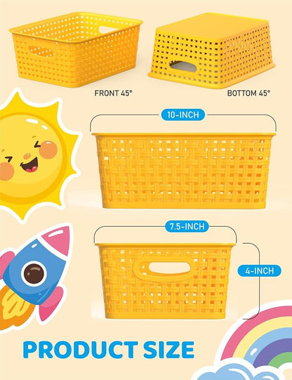WYT 6-Pack Plastic Small Shelf Storage Weave Baskets Organizing for Cabinets and Pantries, Yellow