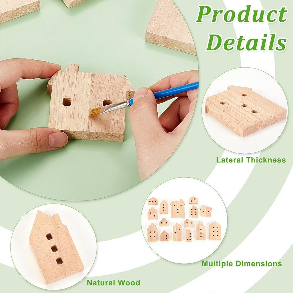 OLYCRAFT 15Pcs Unfinished Wooden House Shaped Blocks House Blank Wood Cutouts Wood Blocks with Hole Wooden Display Decoration Pieces for Home Kitchen Office Shelf Coffee Bar Decor -15 Styles