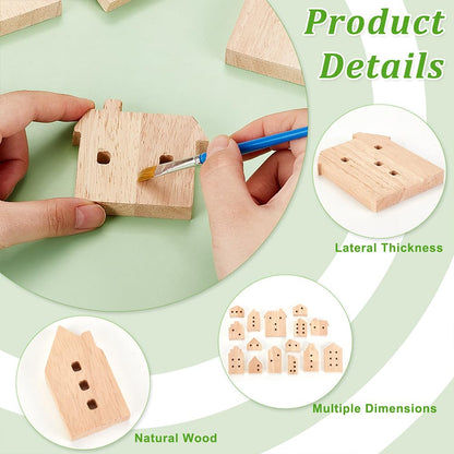OLYCRAFT 15Pcs Unfinished Wooden House Shaped Blocks House Blank Wood Cutouts Wood Blocks with Hole Wooden Display Decoration Pieces for Home Kitchen Office Shelf Coffee Bar Decor -15 Styles