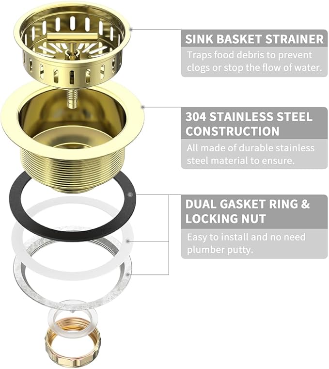 KONE 3-1/2 Inch Kitchen Sink Drain Assembly Stainless Steel Gold Kit