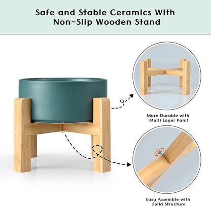SPUNKYJUNKY Ceramic Elevated Dog Bowls 2 Pack - 6.1inch Raised Dog Bowls with Non-Slip Wooden Stand for Medium Dogs Dishwasher Safe(Green,28.7OZ*2)