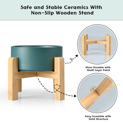 SPUNKYJUNKY Ceramic Elevated Dog Bowls 2 Pack - 5.1inch Raised Dog Bowls with Non-Slip Wooden Stand for Small Dogs Dishwasher Safe(Green,13.5OZ*2)
