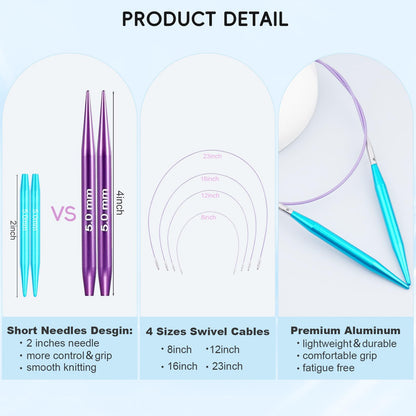 Hobekoee 12 Pairs Short Interchangeable Circular Knitting Needles Set 3mm-8mm Interchangeable Aluminum Round Knitting Needles Set with 4 Swivel Cables for DIY Knitting Lovers