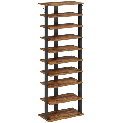 HOOBRO 10 Tiers Vertical Shoe Rack, Wooden Shoe Storage Organizer with Hooks, Narrow Shoe Tower for 20 Pairs, Space Saving, for Entryway, Living Room, Bedroom, Rustic Brown FG140XJ01