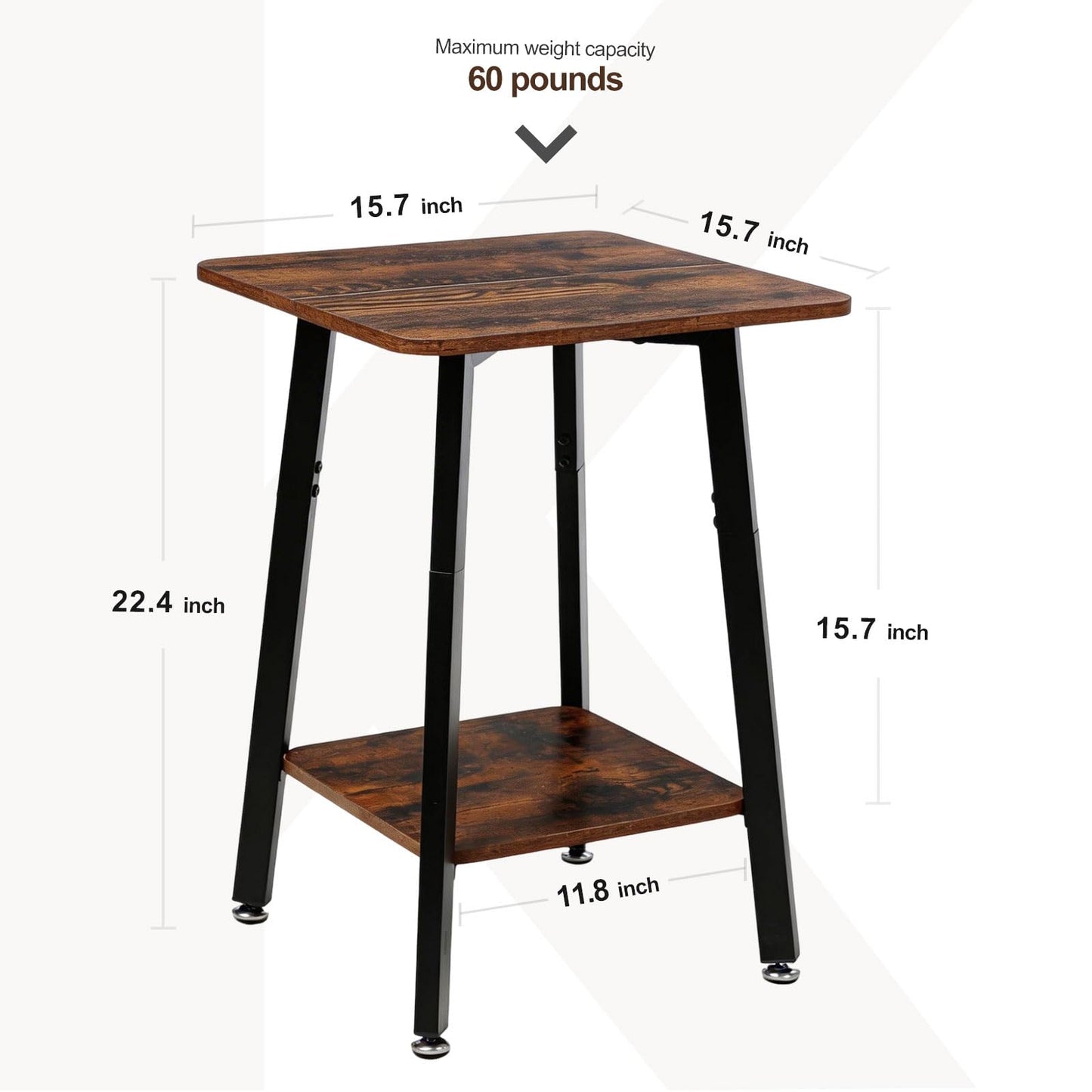 King Oasis Small Side Table for Small Spaces, 2-Tier End Table with Storage Shelf, 15.7-Inch Square Wood and Metal Nightstand for Living Room or Bedroom, Rustic Brown