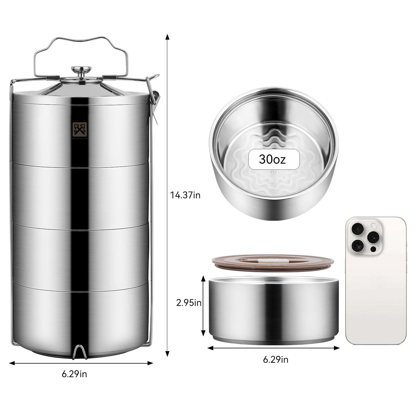 GOLDEN KEY 120 oz Stainless Steel Stackable Lunch Box for Adult, Huge Capacity Bento Box with Stackable 4 Tier Food Container, and Lunch Bag (120 Ounces 4-Layers Bento) - Super Large