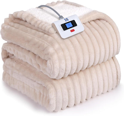 SEALY Electric Blanket Full Size, Soft Ribbed Flannel to Sherpa Reversible Heated Blanket with 10 Heat Settings & 1-12 Hours Auto-Off Overheat Protection, Machine Washable, 72"x84" Beige