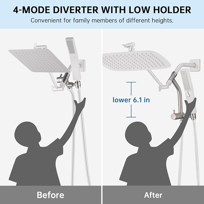 G-Promise All Metal 12 Inch Rain Shower Head with Massage Mode Handheld Spray Combo, 3-Way Diverter with Pause Setting, Full Body Coverage, Modern Bathroom Upgrade (Brushed Nickel)