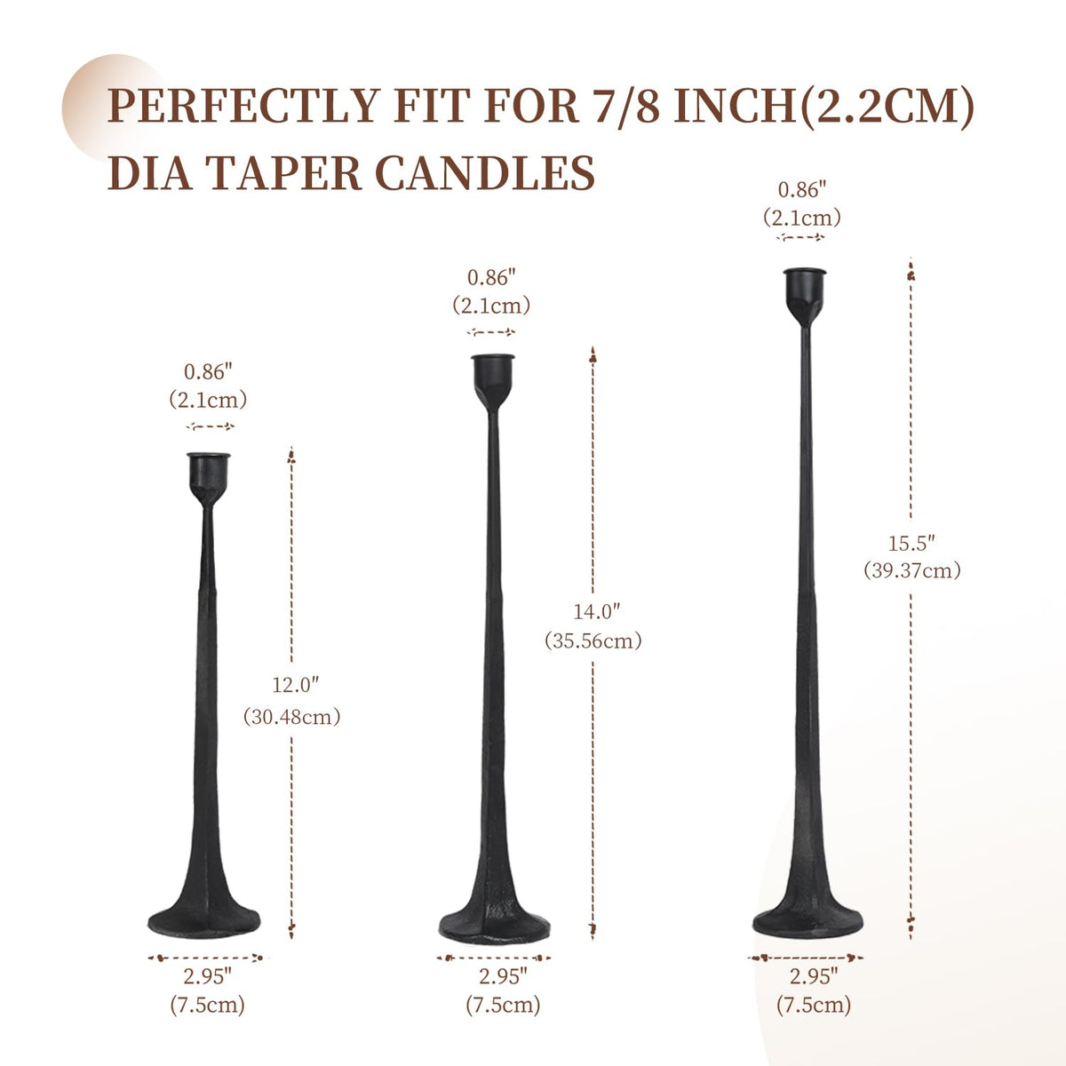 Set of 3 Candle Stick Holders,Iron Black Candlestick Holders, Fits 3/4 inch Thick Candles, Tapered Candle Holders Tall Set for Dining Table, Wedding, Home Decoration