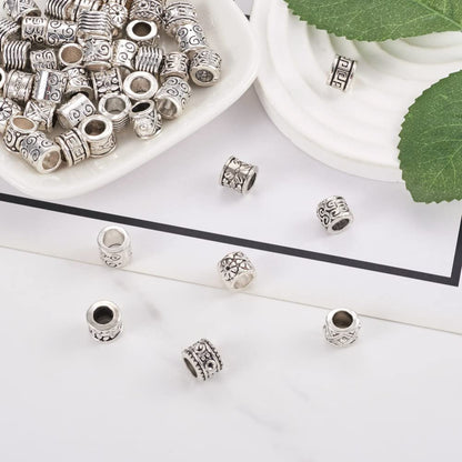 Cheriswelry 100Pcs Alloy Large Hole Spacer Beads Tibetan Column Beads Antique Silver European Beads Metal Spacers 8-10mm for Hair Crafts DIY Snake Chain Bracelet Jewelry Making Supplies