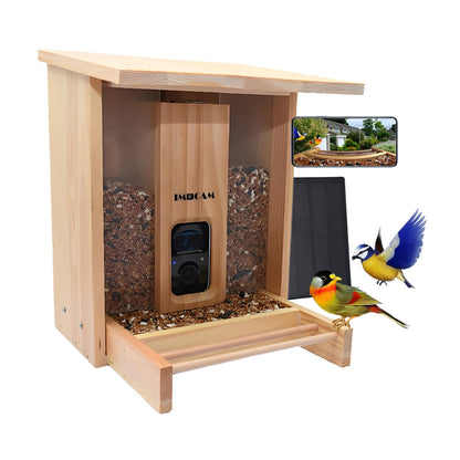 IMOCAM Smart Wooden Bird Feeder with Camera-Solar Power,Bird AI Identifier,1080p HD,5200mAh Battery,3.5L Extra Large,Twin Seed Bins