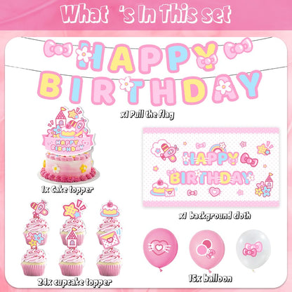 42Pack Kitty cat Party decoration pack include Banner,Cake Toppers,Balloons，Blackdrop for Kitty Birthdday Party Decoration