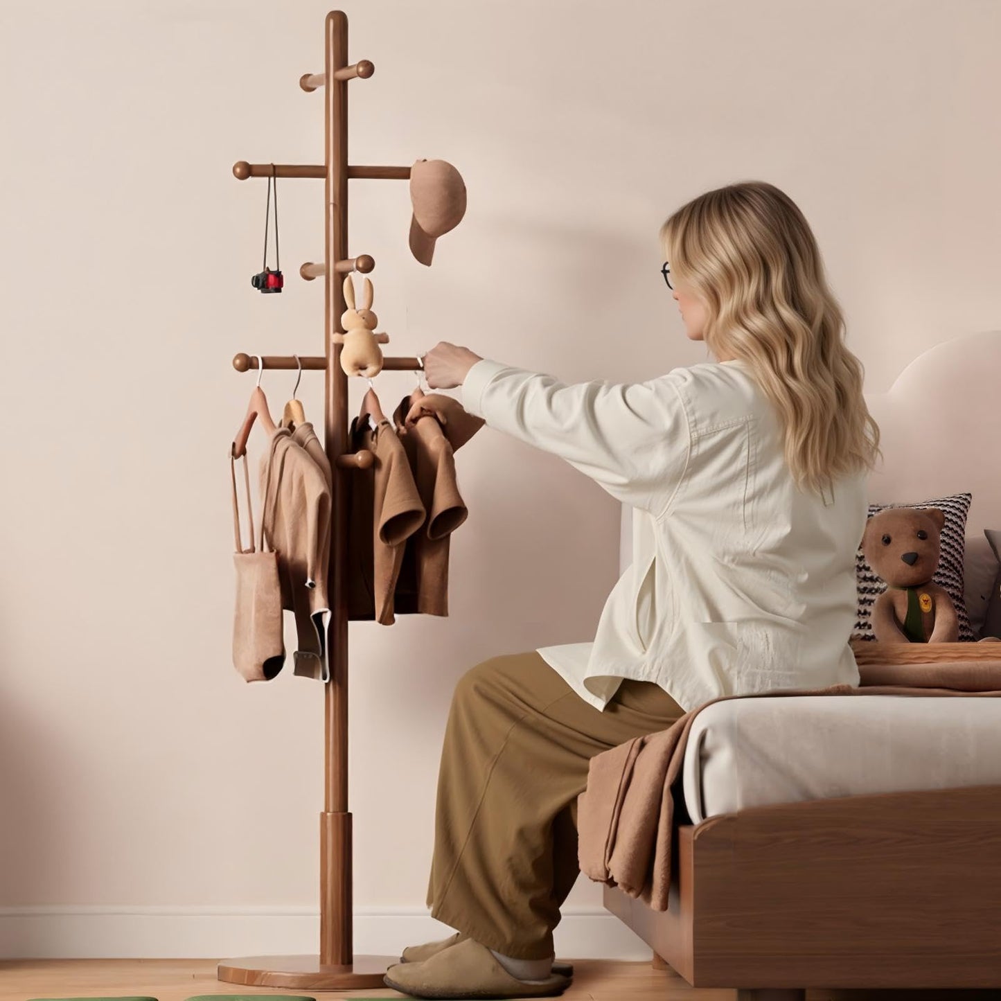 DONGMUWUJEE Solid Wood Coat Rack Freestanding with 10 Hooks, Coat tree freestanding 3 Adjustable Heights for coat, Hats, Handbags, Coat Stand for Entryway,Bedroom,office, Walnut