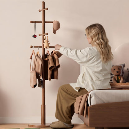 DONGMUWUJEE Solid Wood Coat Rack Freestanding with 10 Hooks, Coat tree freestanding 3 Adjustable Heights for coat, Hats, Handbags, Coat Stand for Entryway,Bedroom,office, Walnut